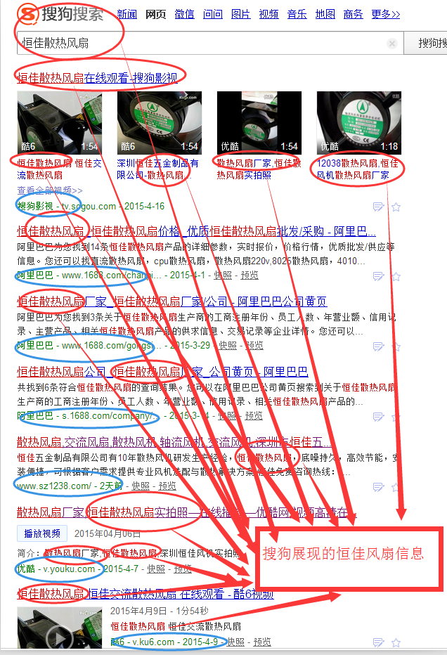 用搜索引擎搜狗搜索查询关键词恒佳散热风扇展开结果
